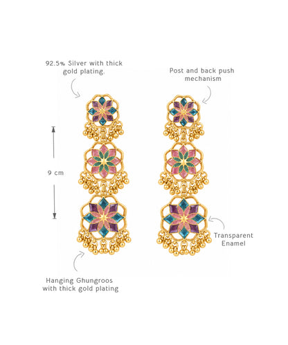 Gul Shigoofa Earrings with Gunghroo - Pastel Pink & Purple Meenakari - Gold Plated