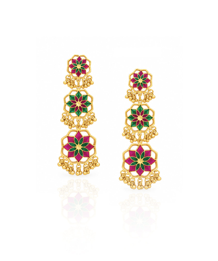 Gul Shigoofa Earrings with Gunghroo - Rani Pink & Green Meenakari - Gold Plated