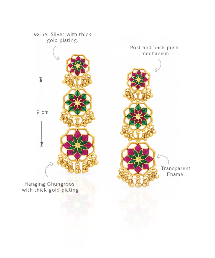 Gul Shigoofa Earrings with Gunghroo - Rani Pink & Green Meenakari - Gold Plated