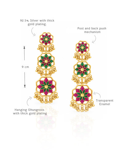 Gul Shigoofa Earrings with Gunghroo - Rani Pink & Green Meenakari - Gold Plated
