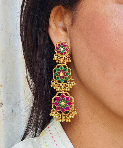 Gul Shigoofa Earrings with Gunghroo - Rani Pink & Green Meenakari - Gold Plated