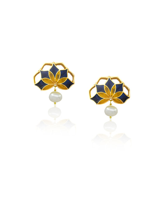 Gul Stud Earrings with Pearl - Navy Blue and Yellow Meenakari Enamel