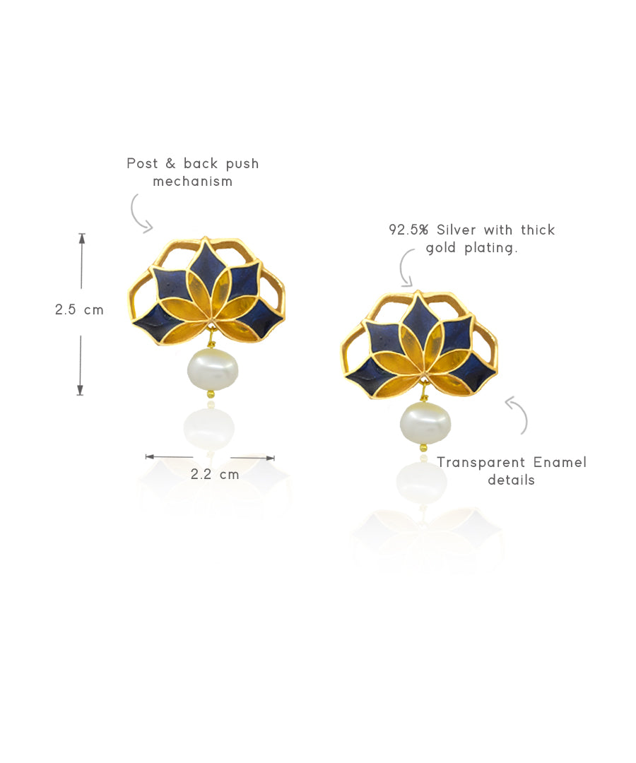 Gul Stud Earrings with Pearl - Navy Blue and Yellow Meenakari Enamel