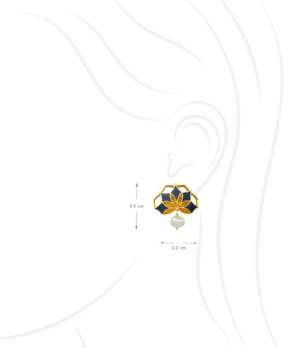 Gul Stud Earrings with Pearl - Navy Blue and Yellow Meenakari Enamel