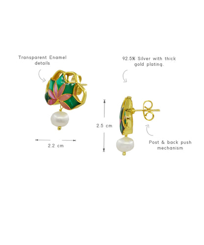 Gul Stud Earrings with Pearl - Emerald Green and Pink Meenakari Enamel