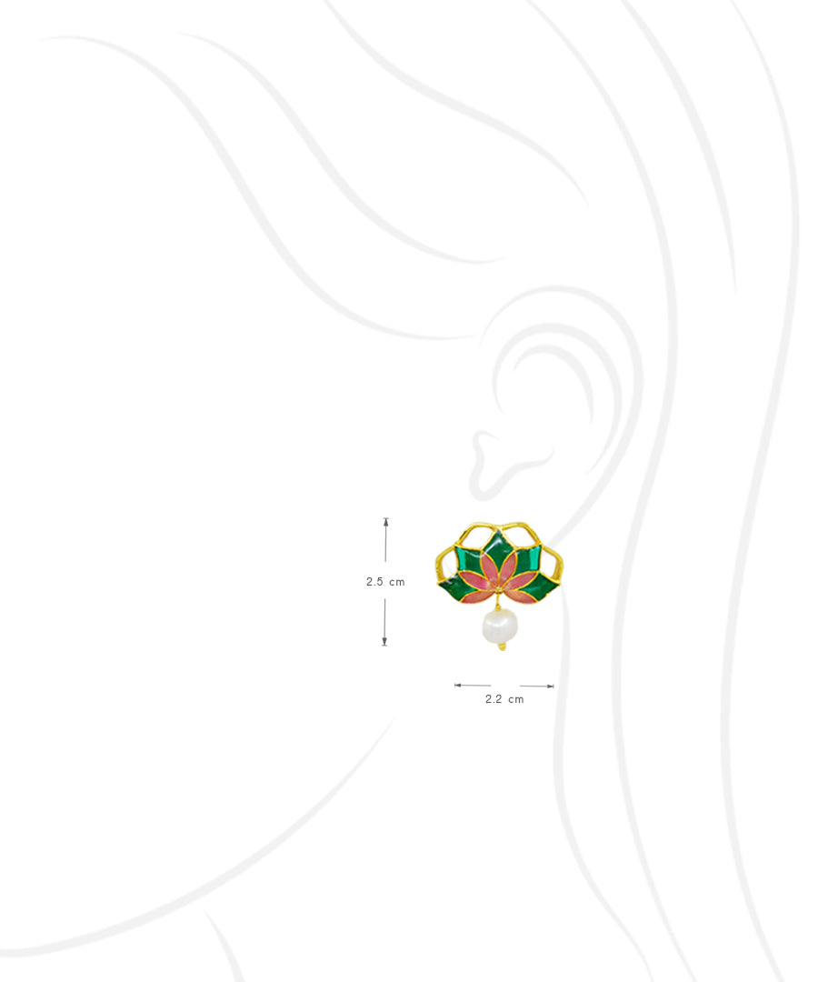 Gul Stud Earrings with Pearl - Emerald Green and Pink Meenakari Enamel