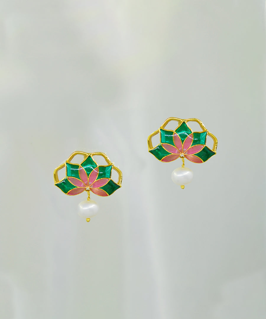 Gul Stud Earrings with Pearl - Emerald Green and Pink Meenakari Enamel
