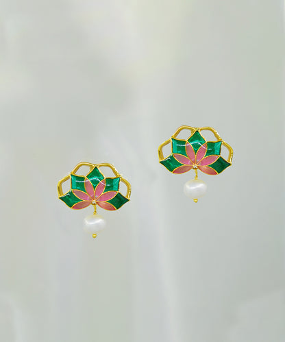 Gul Stud Earrings with Pearl - Emerald Green and Pink Meenakari Enamel