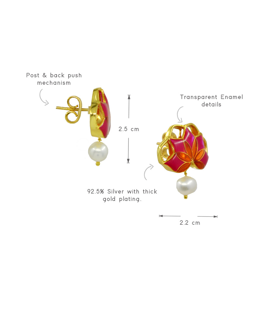 Gul Stud Earrings with Pearl - Hot Pink and Orange Meenakari Enamel