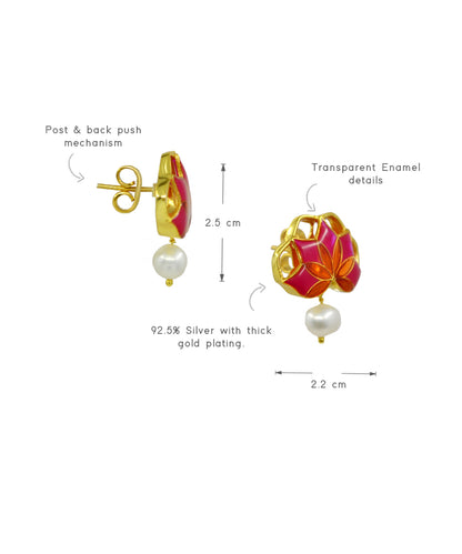 Gul Stud Earrings with Pearl - Hot Pink and Orange Meenakari Enamel