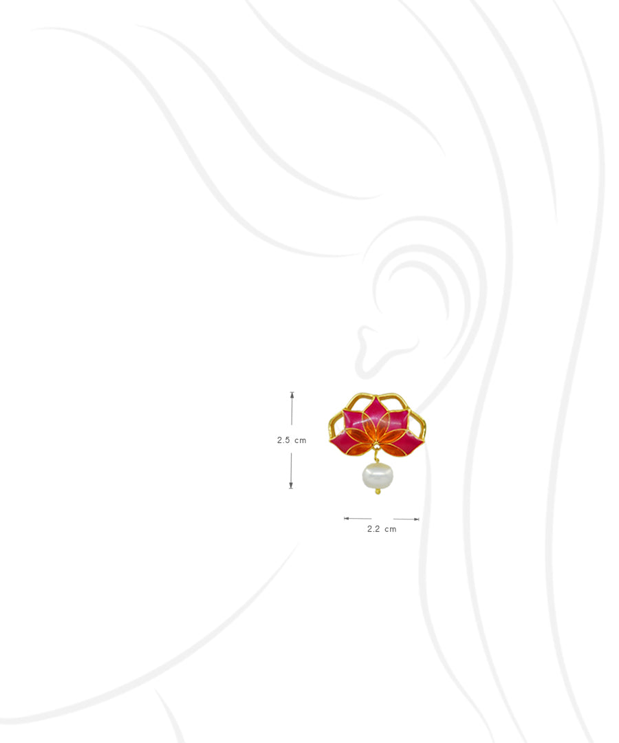 Gul Stud Earrings with Pearl - Hot Pink and Orange Meenakari Enamel