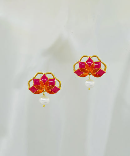 Gul Stud Earrings with Pearl - Hot Pink and Orange Meenakari Enamel