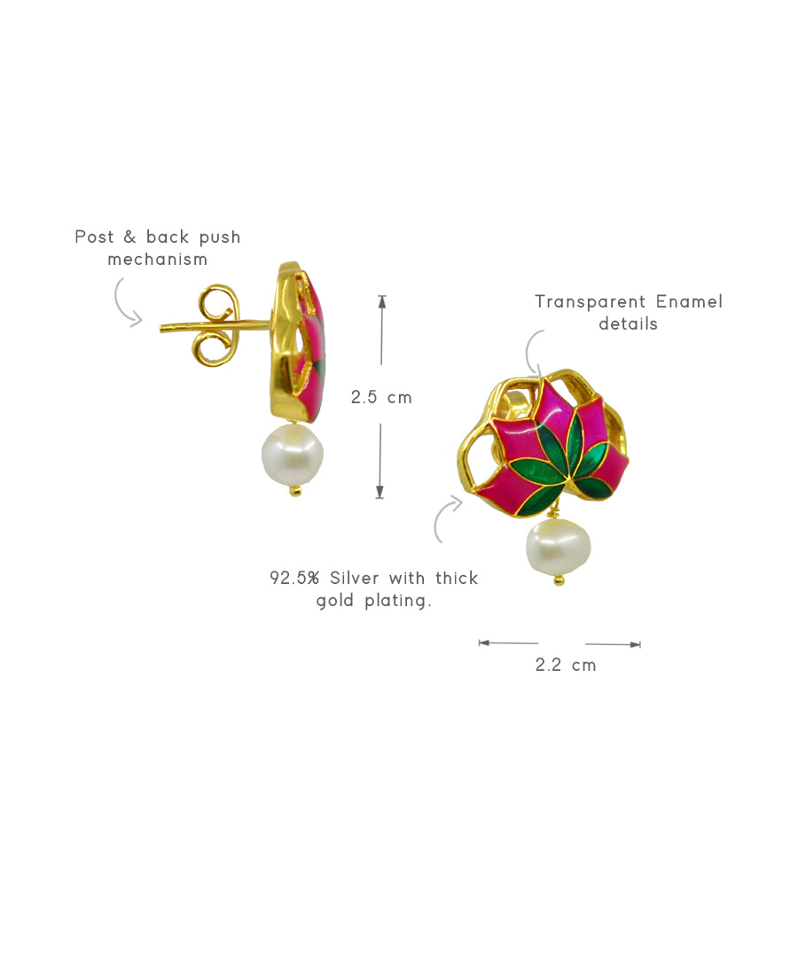 Gul Stud Earrings with Pearl - Hot Pink and Green Meenakari Enamel