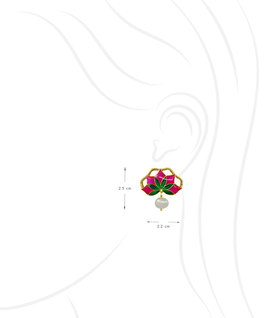 Gul Stud Earrings with Pearl - Hot Pink and Green Meenakari Enamel
