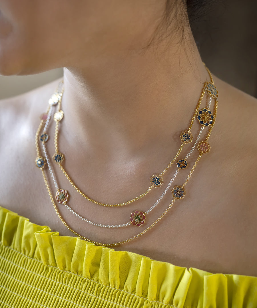 Three layer latest necklace with flower motif design and meenakari work.
