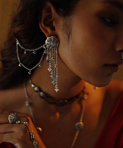 Thar Dhora Long Earrings - Silver Oxide Finish