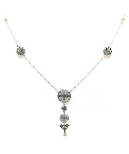 Silver long necklace with oxidised finish.