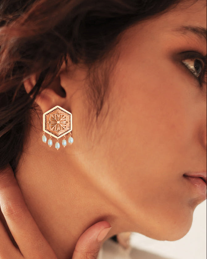 Rosegold Brown Zircon Magnolia Bead Stud Earrings