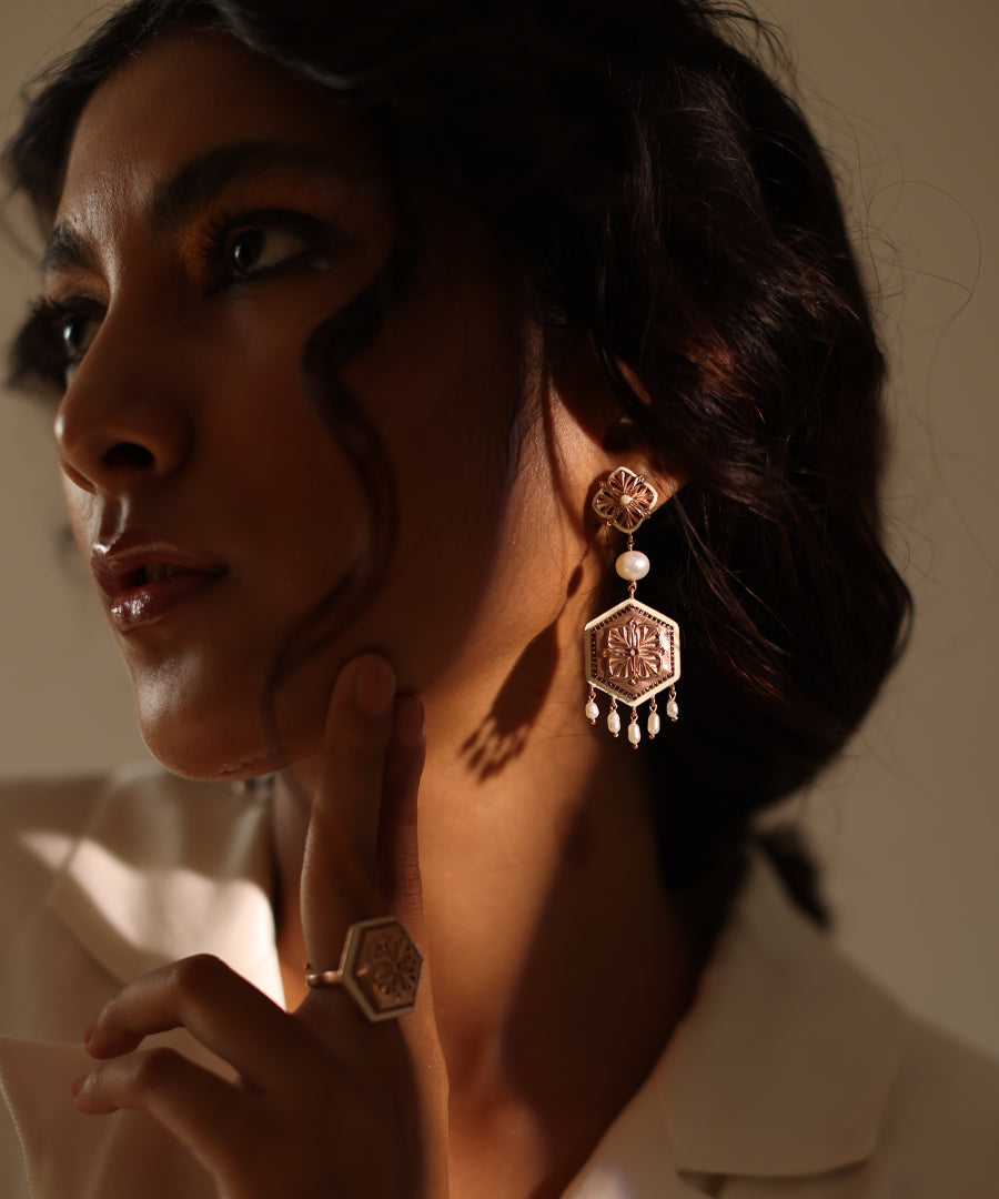 Rosegold Brown Zircon Magnolia Long Earrings