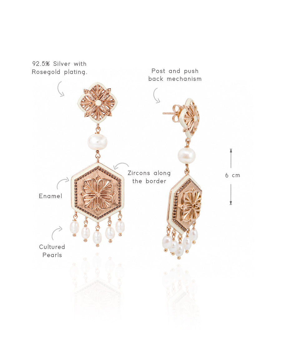 A pair of dangle earrings with callout labels and a 6 cm height marker. The earrings are rose-gold-toned with 925 silver  metal, enamel detailing, a pearl bead, zircon accents, and dangling cultured pearls.