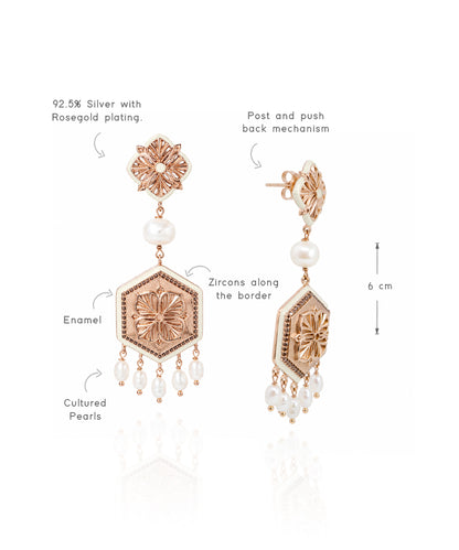 A pair of dangle earrings with callout labels and a 6 cm height marker. The earrings are rose-gold-toned with 925 silver  metal, enamel detailing, a pearl bead, zircon accents, and dangling cultured pearls.