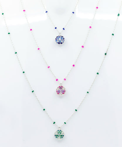 Blue, pink, green charm chain necklaces handcrafted in 925 silver with enamel work perfect for office wear.
