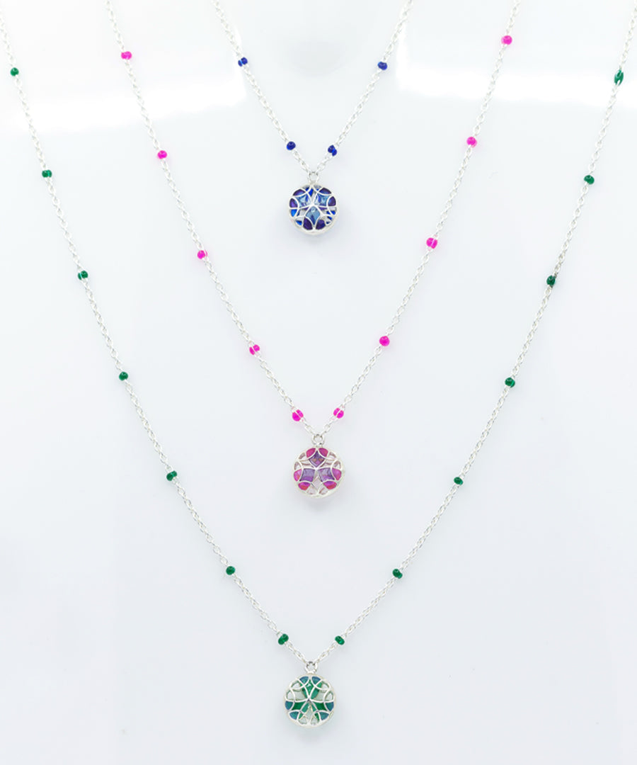 Silver enamel work long charm chain necklace.