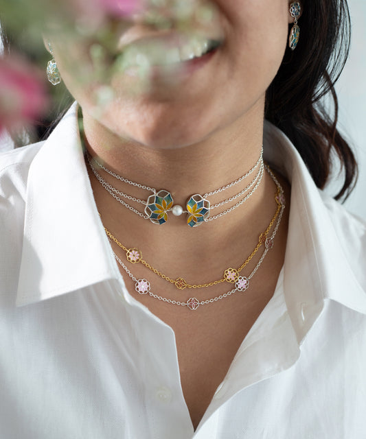 Gul Choker Necklace with Pearl - Turquoise Blue and Yellow Meenakari - 925 Silver - Anti Tarnish