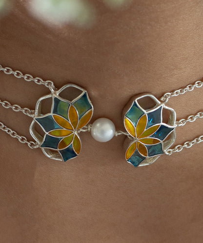 Gul Choker Necklace with Pearl - Turquoise Blue and Yellow Meenakari - 925 Silver - Anti Tarnish