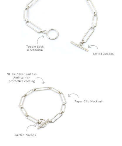 silver necklace comes with toggle lock mechanism. Adds little details of zircons along the border.