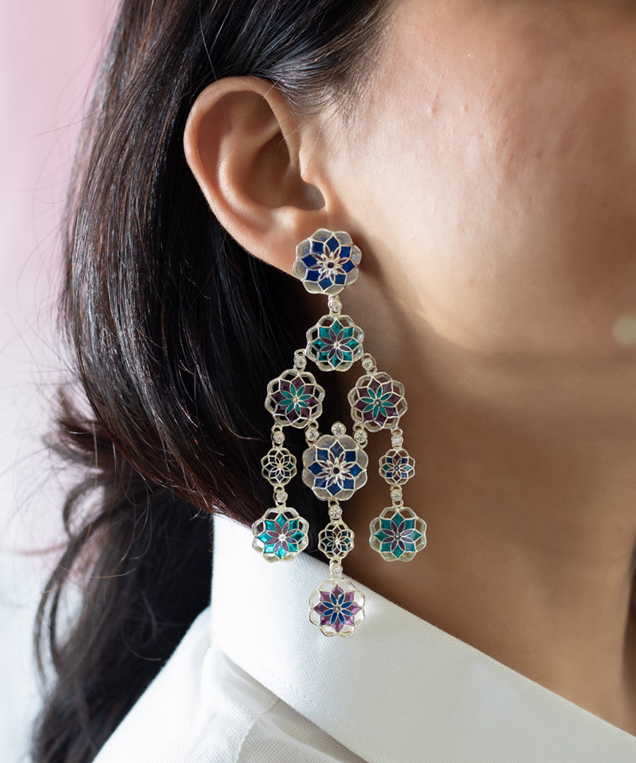 Gul 925 Silver Phool Earrings - Blue & Purple Meenakari - Anti Tarnish