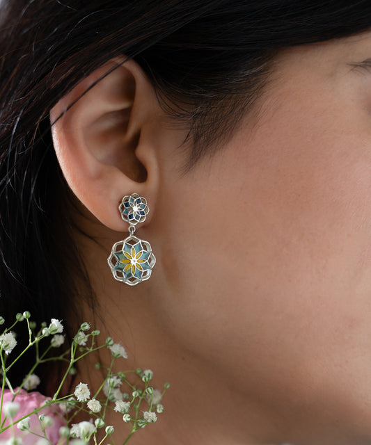 Gul 2 Charm Earrings - Turquoise Blue & Yellow Meenakari - 925 Silver - Anti Tarnish