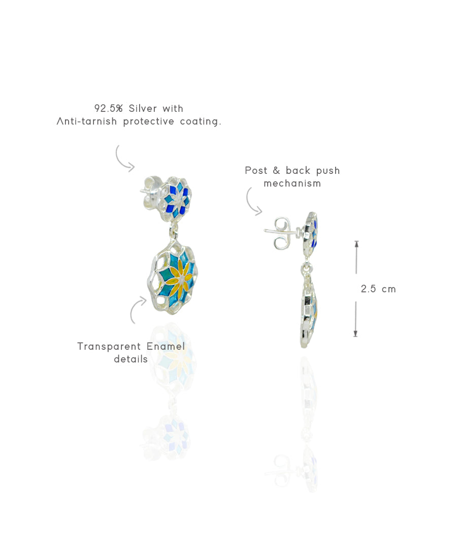 Gul 2 Charm Earrings - Turquoise Blue & Yellow Meenakari - 925 Silver - Anti Tarnish