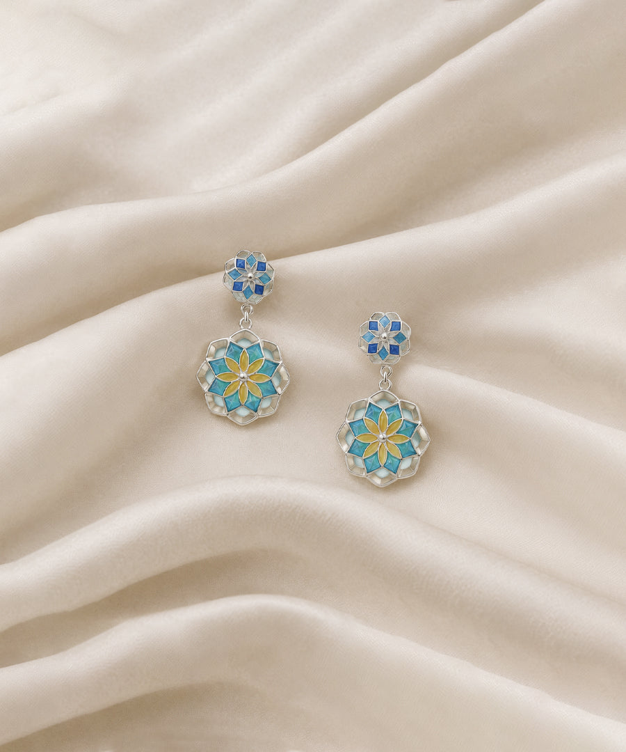 Gul 2 Charm Earrings - Turquoise Blue & Yellow Meenakari - 925 Silver - Anti Tarnish