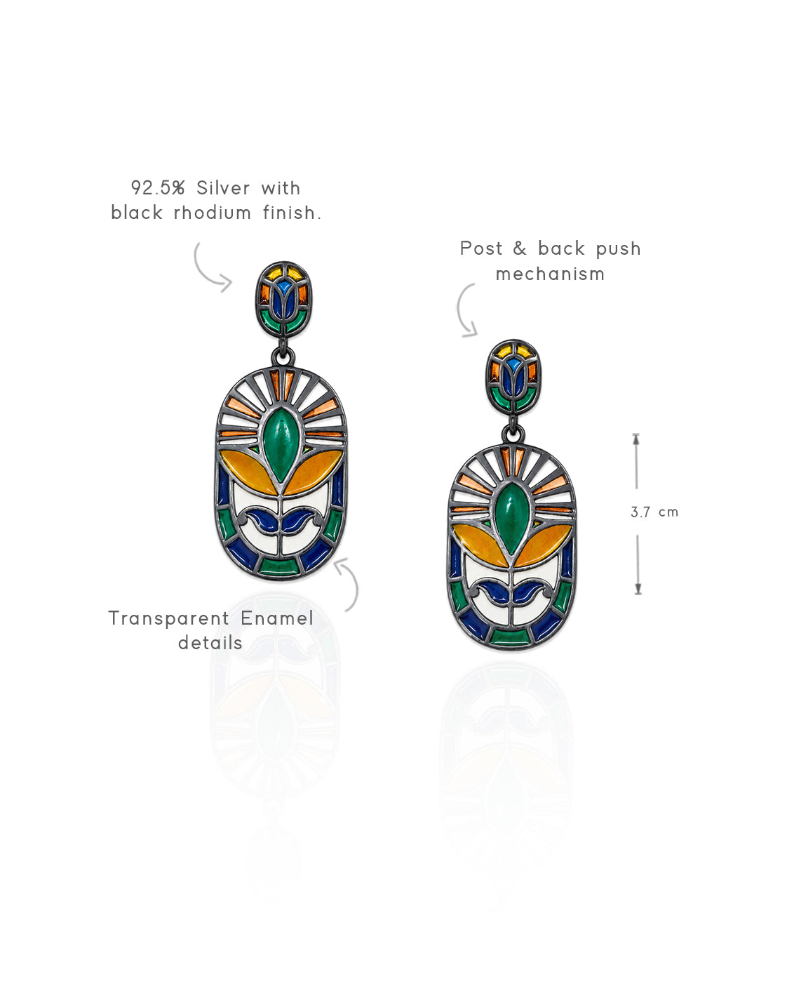 Vibrant enamel artistry and elegant silhouette, handcrafted drop earrings in 925 silver with black rhodium finish.
