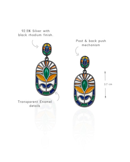 Vibrant enamel artistry and elegant silhouette, handcrafted drop earrings in 925 silver with black rhodium finish.