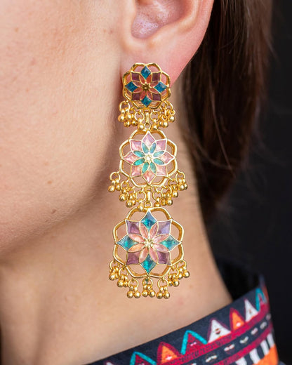 Gul Shigoofa Earrings with Gunghroo - Pastel Pink & Purple Meenakari - Gold Plated