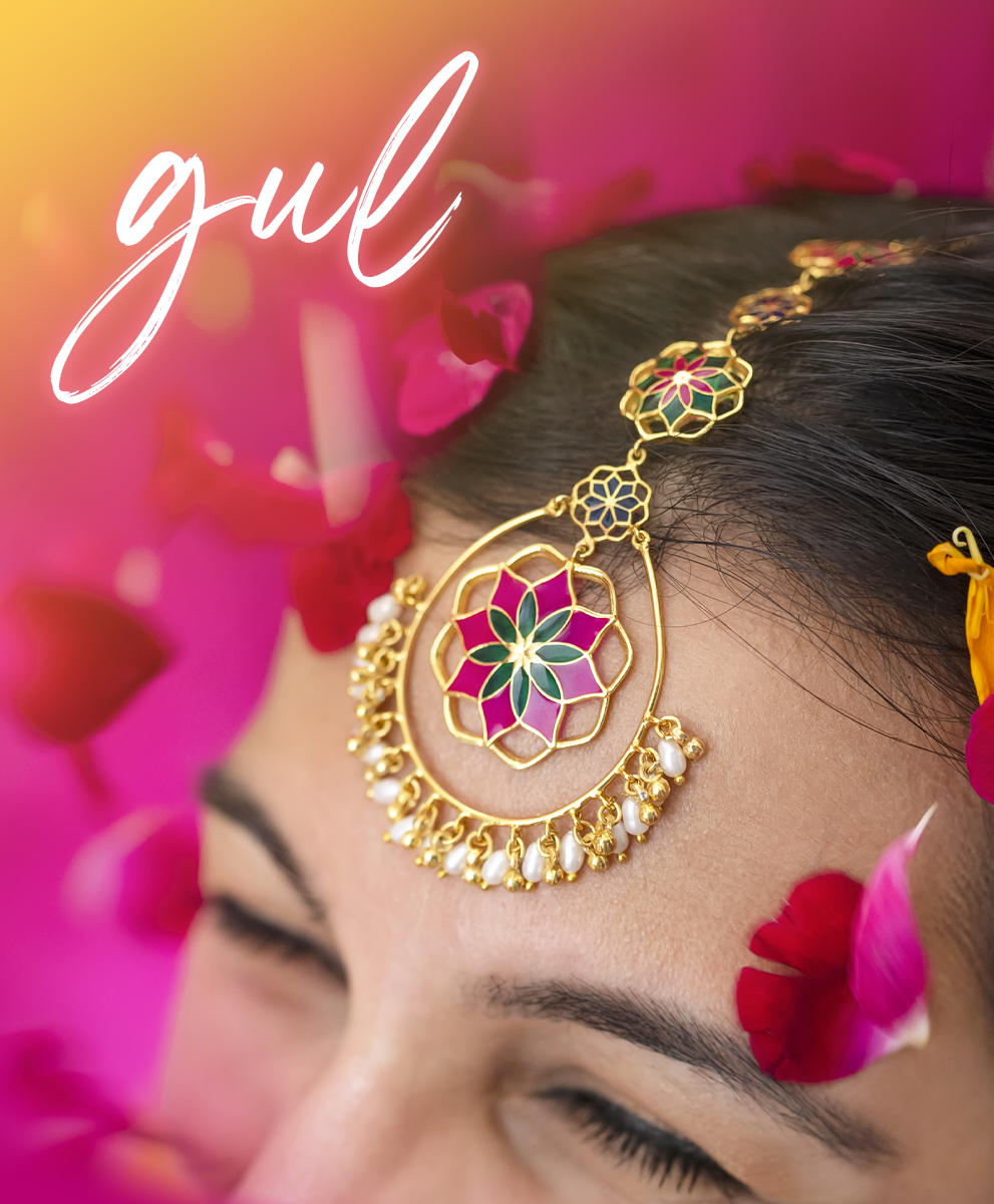Gul bridal jewellery set — transparent Meenakari enamel 925 silver flowers for haldi and mehndi